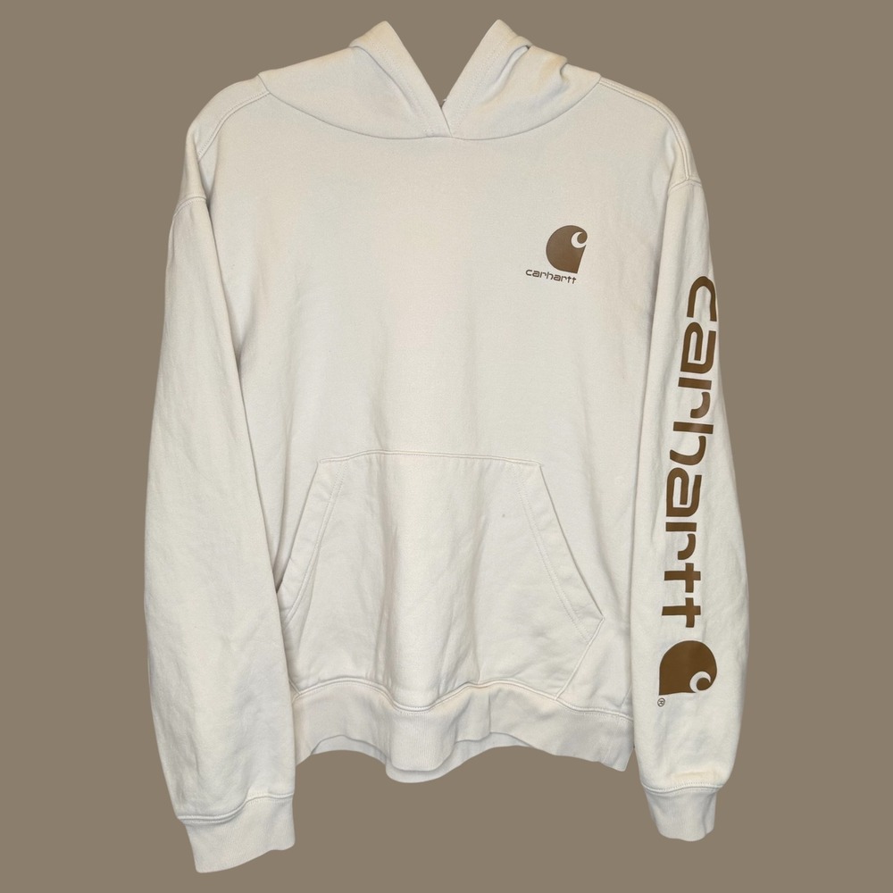 Carhartt Graphic Hoodie Kids XL Cream Logo Sleeve TS6581-B Workwear Streetwear